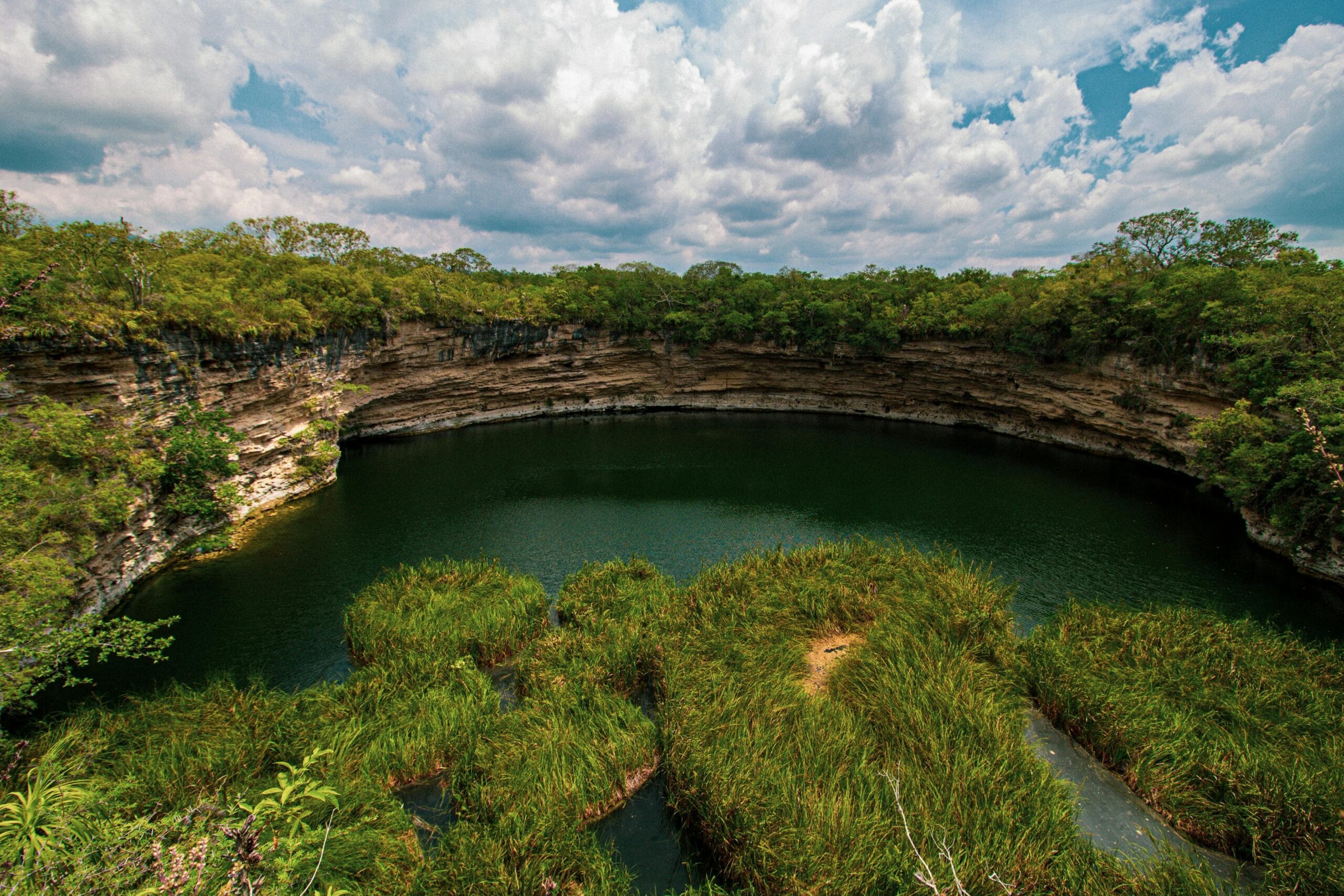 Cenote de aguas profundas con forma circular, rodeado por acantilados cubiertos de vegetación tropical densa, con islotes de plantas acuáticas en el centro y cielo parcialmente nublado al fondo.